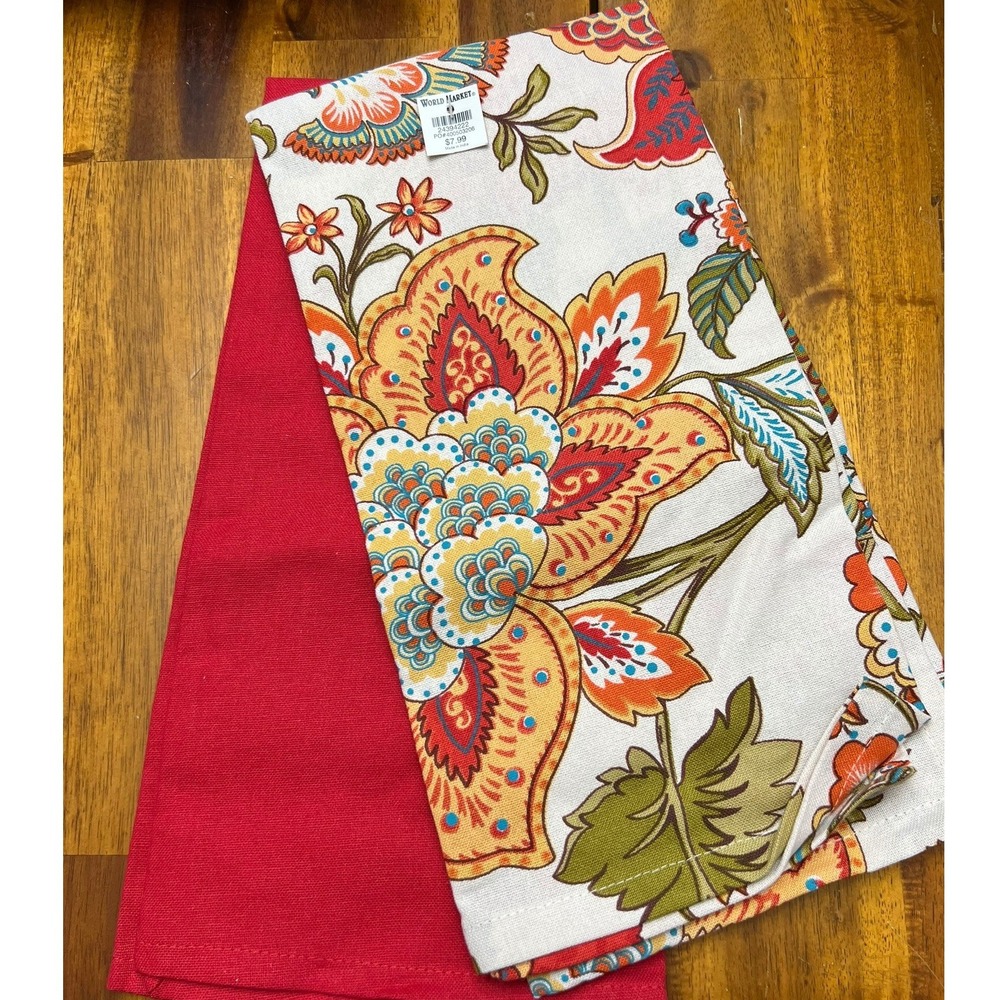 World Market Tea Towels Set of 2 Red Floral Paisley 20x28 Brand New Boho Kitchen